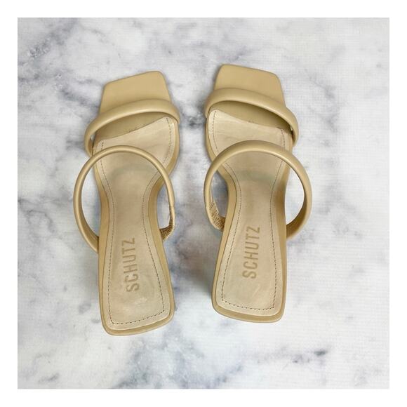 Schutz Ully Lo Beige Double Strap Leather Slide Heeled Sandals - Picture 4 of 11